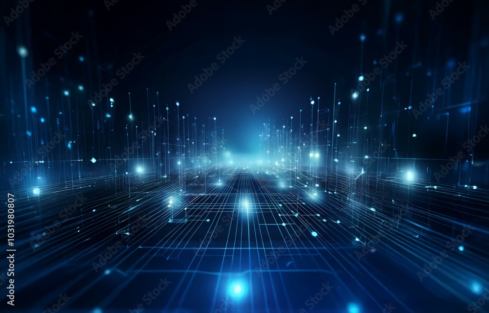 Poster an abstract digital landscape composed of glowing blue lines and dots, creating a sense of depth and