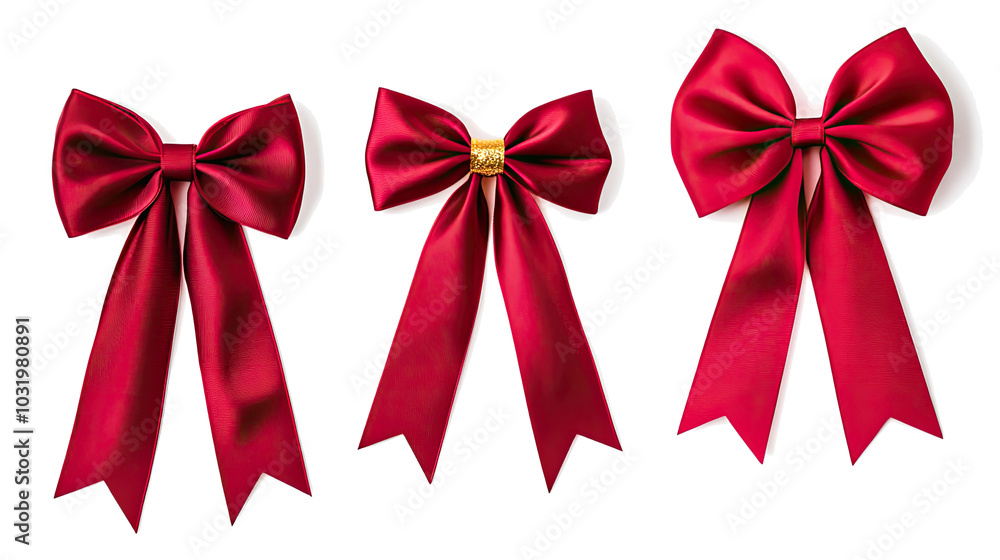 Poster red ribbons and bows with gold on transparent background generative ai