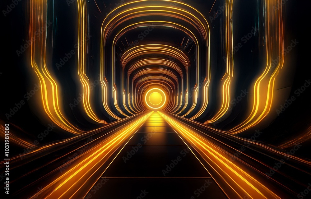 Aufkleber abstract futuristic tunnel with glowing lines and a circular light at the end.
