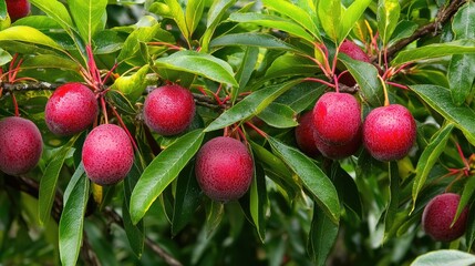 Obraz premium Vibrant Red Fruits on Lush Green Leaves