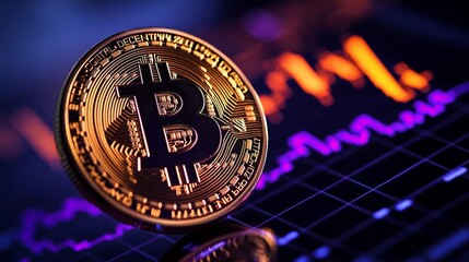 Close-up of Bitcoin coin against a fluctuating stock graph, glowing in orange and purple tones, representing the rise and fall of digital currencies