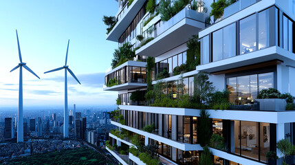 Modern eco-friendly building with wind turbines.