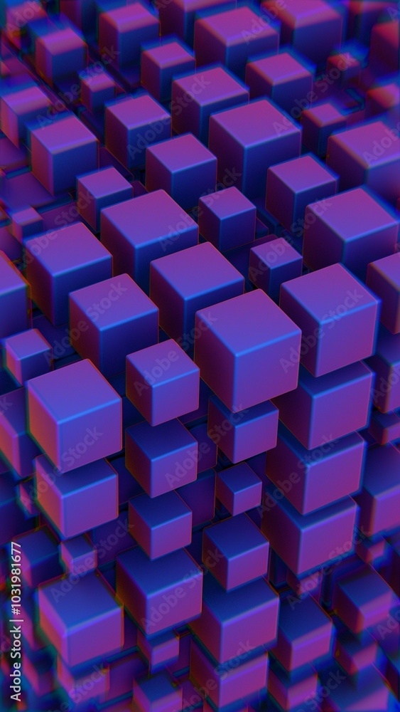Poster abstract 3d cluster of gradient cubes with purple and blue neon hues