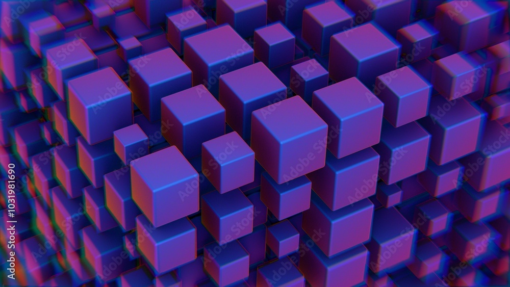 Poster abstract 3d cluster of gradient cubes with purple and blue neon hues