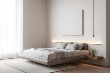 Sleek minimalist bedroom featuring a modern platform bed, neutral tones, soft ambient lighting, and large windows with sheer curtains.