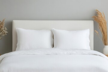 Minimalist bedroom with white linens and a simple headboard, mock-up for bedding or decor, peaceful interior design