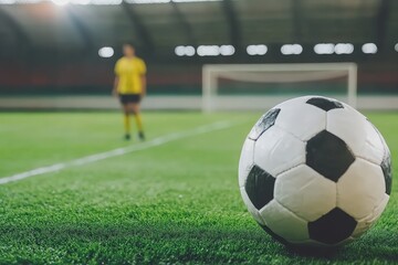 Fototapeta premium Soccer ball on field in stadium