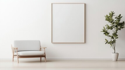Bright minimalist living room featuring a wooden armchair, potted plant, and blank wall, creating a serene and spacious atmosphere.
