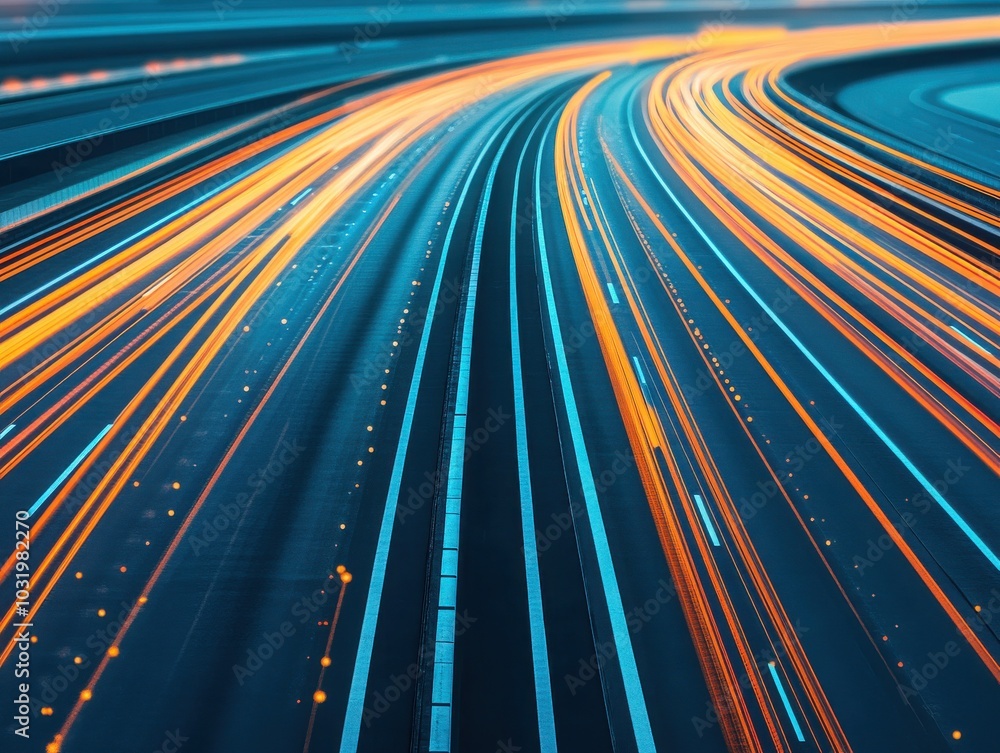 Poster dynamic light trails create a vibrant display on a winding road, showcasing the beauty of speed and 