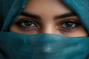 Portrait of a beautiful young woman wearing a hijab covering her face, a close-up photo portrait.