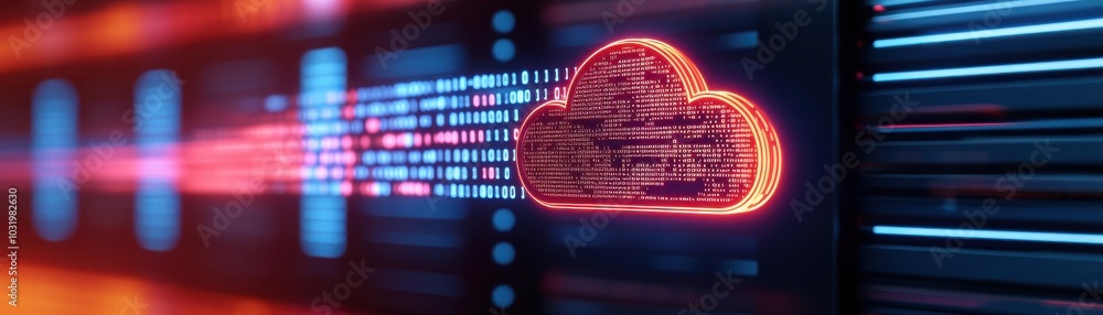 Poster futuristic cloud icon glowing amidst digital data streams, representing modern technology and cloud 