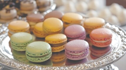 Obraz premium Colorful Macarons on Silver Tray Display