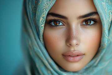 Fototapeta premium Portrait of a beautiful young woman wearing a hijab covering her face, a close-up photo portrait.
