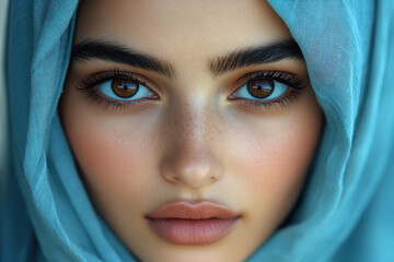 Fototapeta premium Portrait of a beautiful young woman wearing a hijab covering her face, a close-up photo portrait.