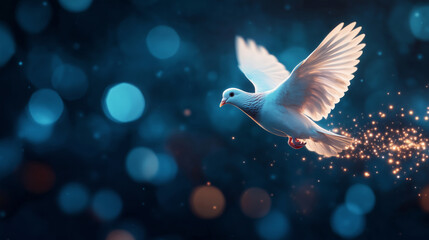 Ethereal white dove soaring through a magical bokeh background
