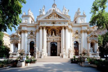 Obraz premium Ornate historic building, clear blue sky.