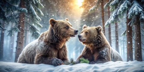 Obraz premium Two Brown Bears in a Snowy Winter Landscape, Natural Habitat, Wildlife Photography, Snowy Forest, Animal Behavior, Cold Weather, Nature Exploration, Winter Animals, Scenic View, Bear Interaction