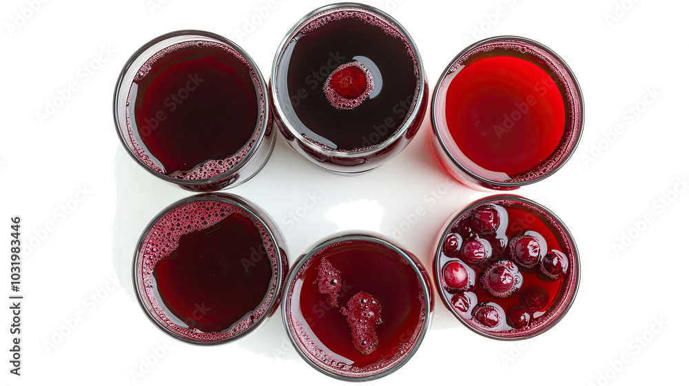 Poster top view of assorted red wines in glasses on a transparent background generative ai