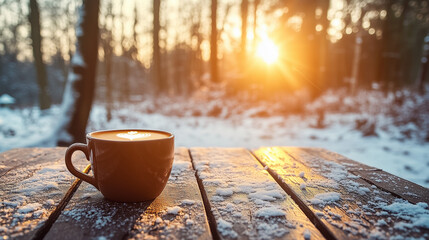 Obraz premium A cup of coffee is sitting on a wooden table in the snow. The sun is shining brightly, creating a warm and inviting atmosphere. Concept of relaxation and comfort