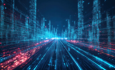 Aerial View of a Futuristic Digital Bridge Built from Data Lines, Surrounded by Holographic Projections and Motion Blur Effects of Cars Against an Innovative City Background