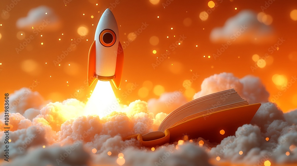 Poster dynamic 3d rendering of a rocket launching from a book surrounded by clouds and sparkles floating on