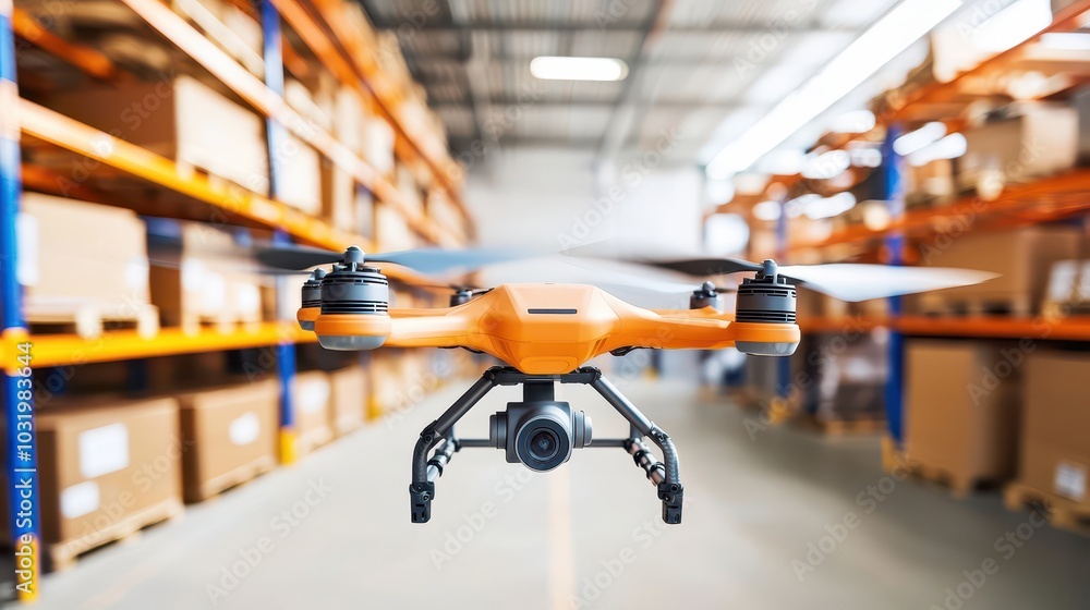 Poster futuristic automated warehouse drones efficiently scanning inventory shelves in a high-tech environm