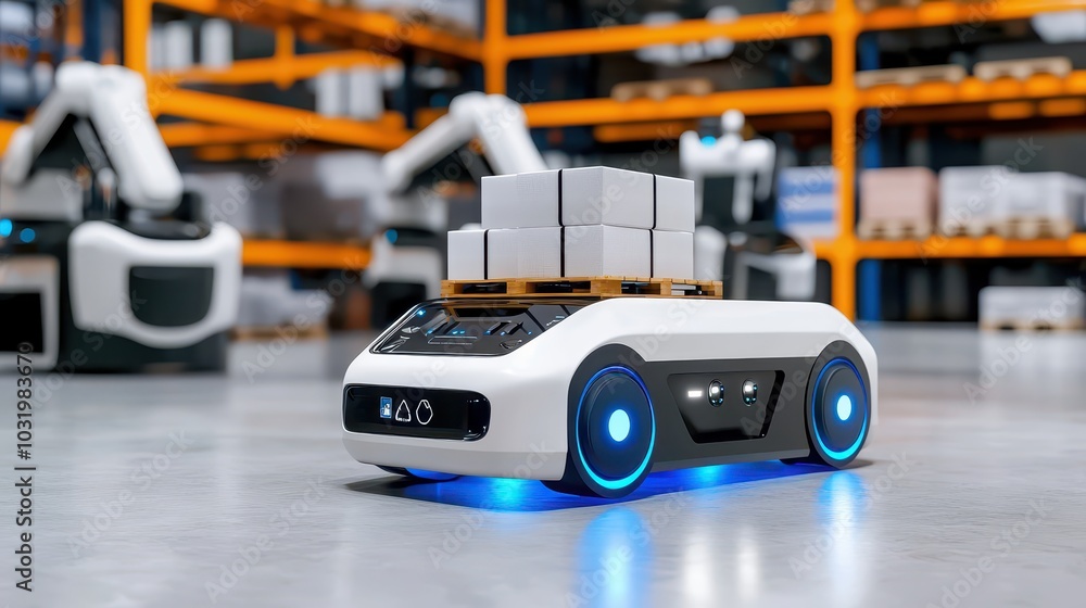 Poster futuristic automated warehouse robots efficiently moving goods in streamlined logistics operations