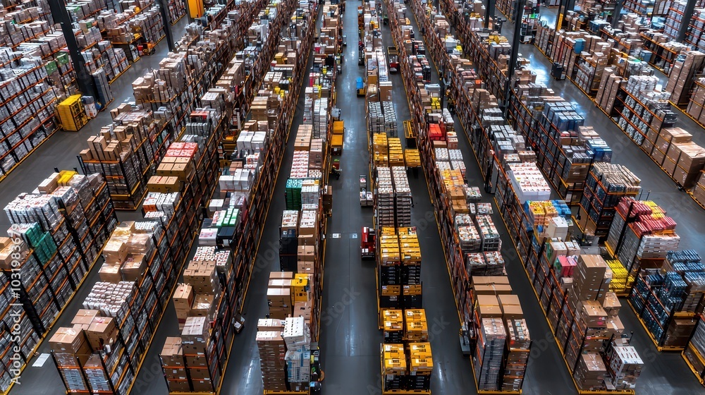 Poster aerial view of a large distribution center showcasing rows of shelves filled with boxes and products