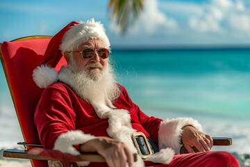 A man in a red Santa suit is sitting in a chair on a beach
