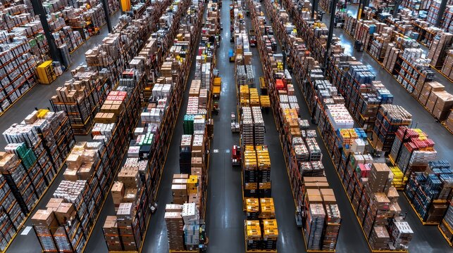 Aerial View of a Large Distribution Center Showcasing Rows of Shelves Filled with Boxes and Products