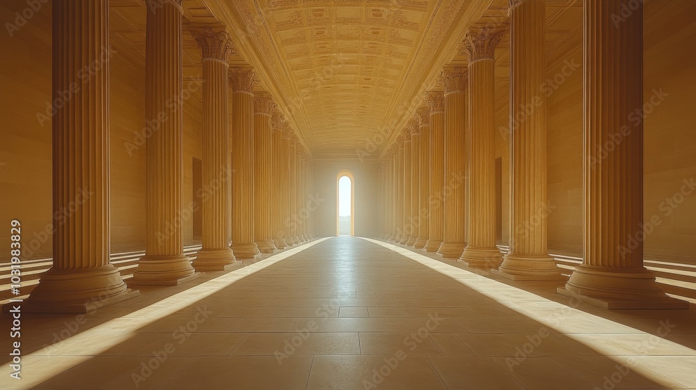 Aufkleber a long corridor features tall, classical columns bathed in soft sunlight, creating a tranquil atmosp