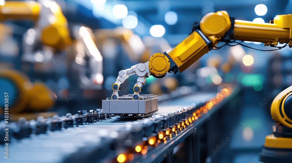 Poster enhancing efficiency in automated warehouse systems with robotic arms and conveyor belts for streaml