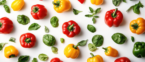 Top view of yellow red green Capsicum Vegetables scattered in random positions on a white background