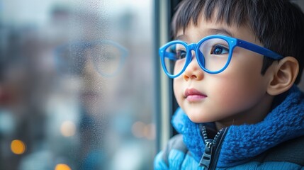 Young child wearing blue glasses focusing on distant tree outside window, symbolizing myopia prevention and importance of outdoor activities.