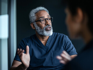 Obraz premium Portrait of a senior male doctor discussing with a patient in a professional setting