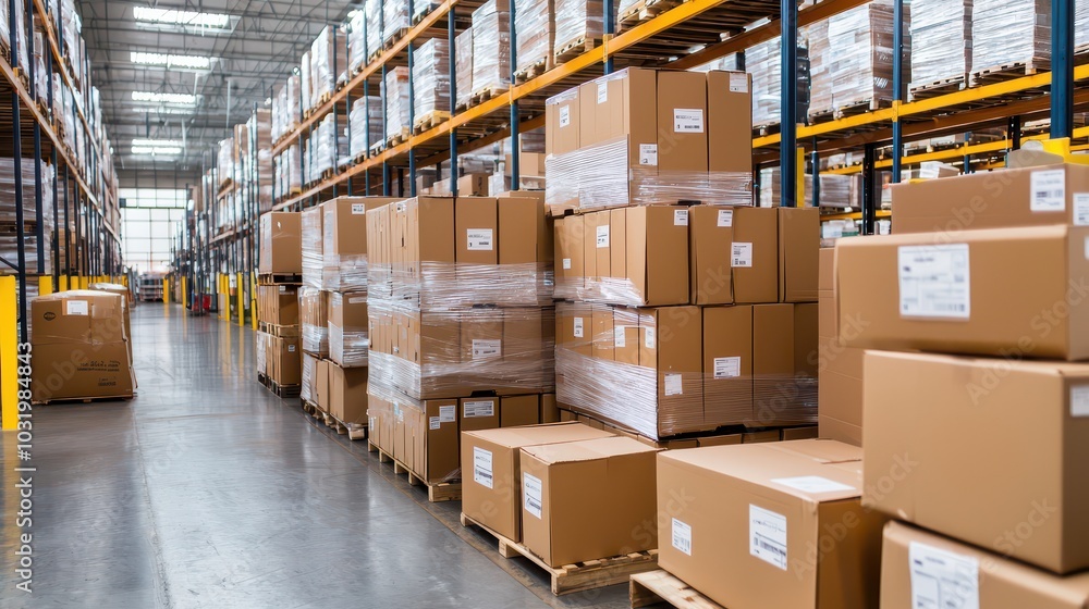 Poster rows of neatly stacked boxes in a modern warehouse interior showcasing efficient organization and sp