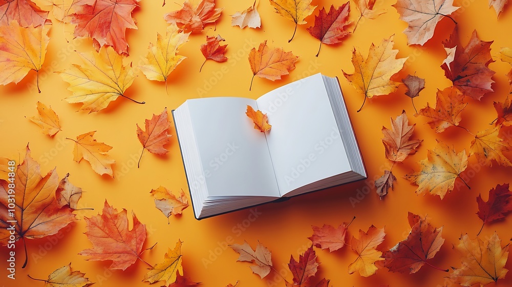 Poster dynamic autumn flat lay with colorful leaves splashing upwards creating a vibrant scene with a white