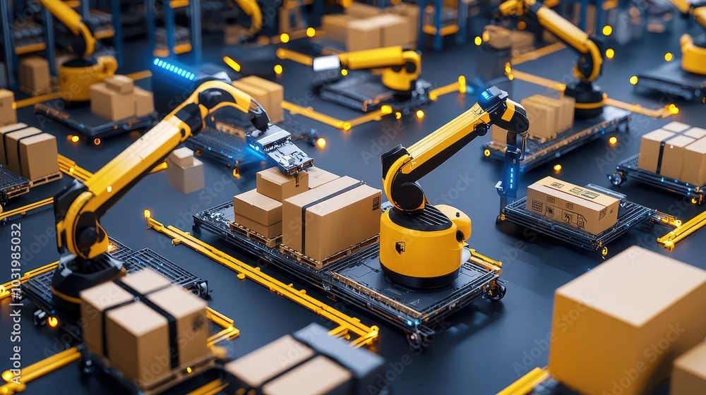 Poster revolutionizing logistics ai-powered robots for automated sorting in smart warehouses