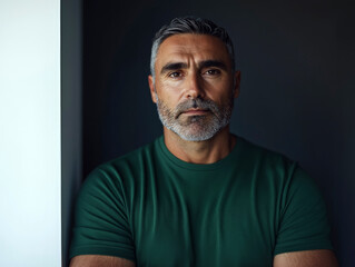 Obraz premium Portrait of a mature man with a beard and serious expression in a green t-shirt
