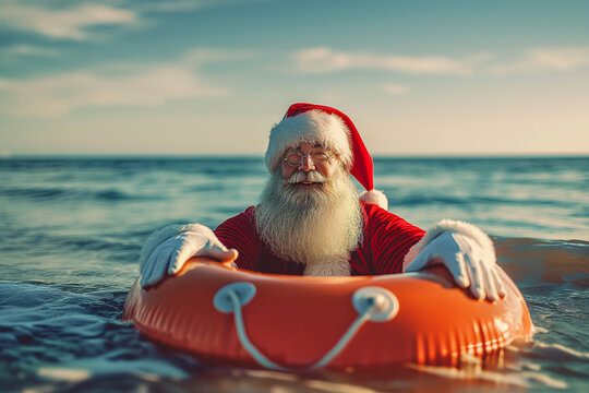 A man in a Santa hat is riding a float in the ocean