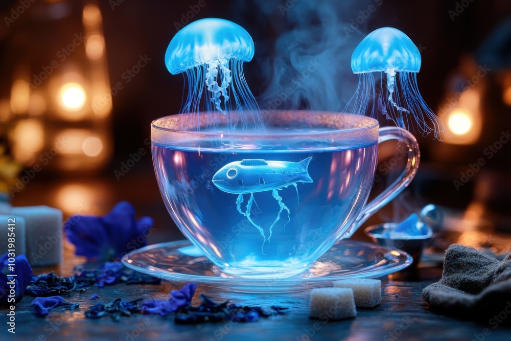 Poster enchanting blue jellyfish tea with floating luminescence in a mystical setting