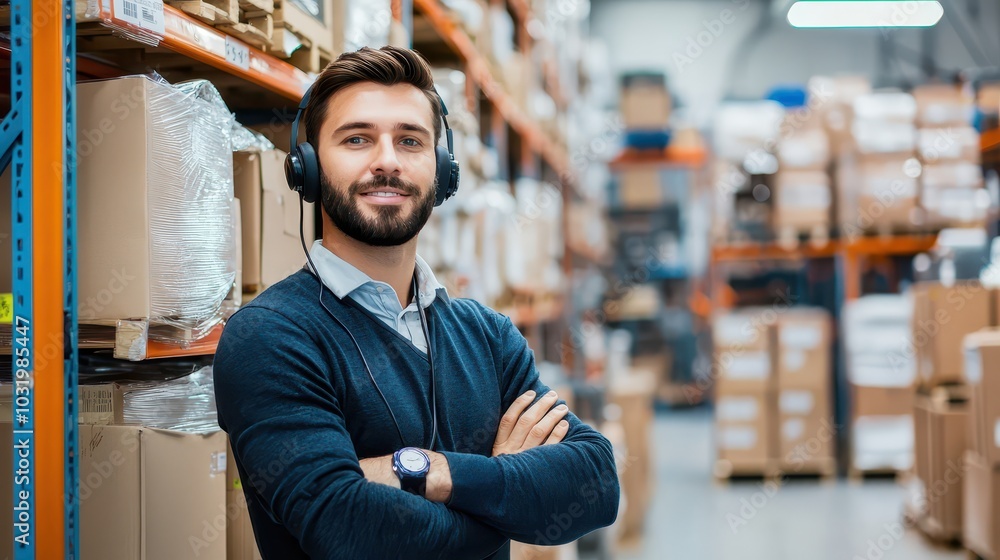 Poster warehouse manager with headset overseeing efficient operations in a dynamic environment