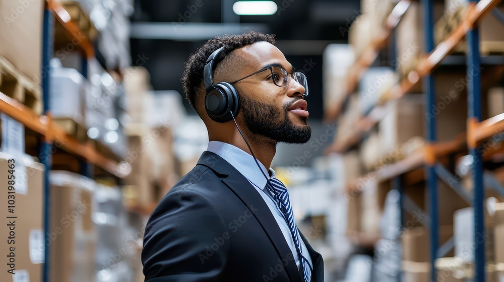 Poster warehouse manager with headset overseeing operations in a dynamic environment
