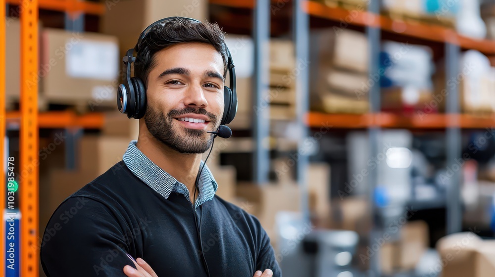 Poster warehouse manager with headset overseeing operations in busy distribution center