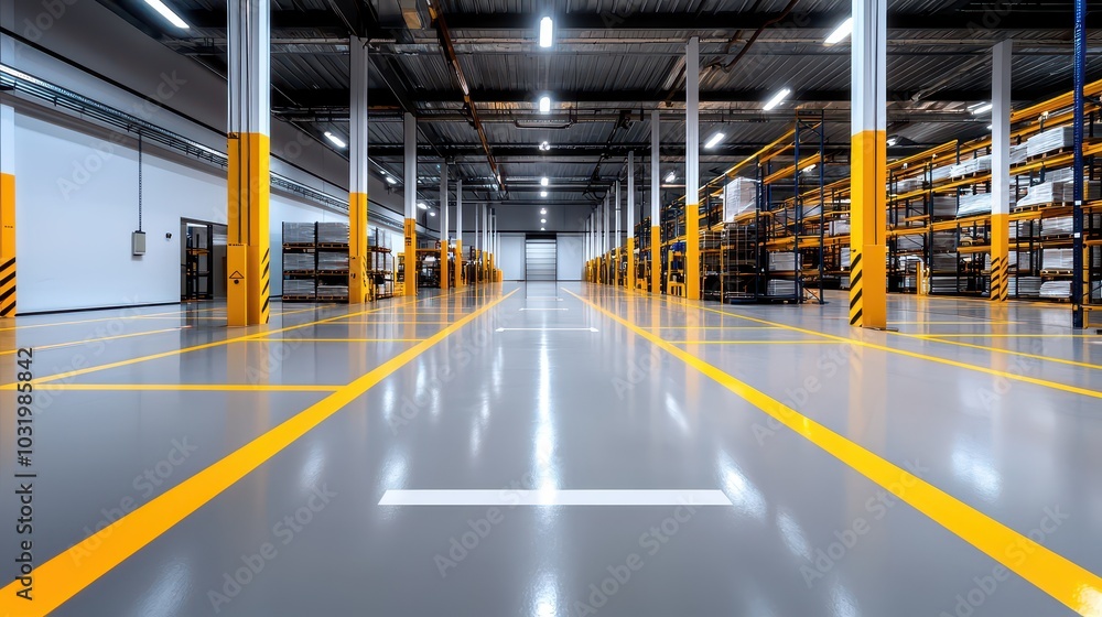 Poster efficient warehouse design with clear safety markings and optimized layout for maximized productivit