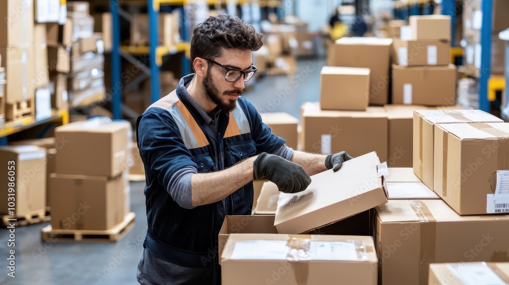 Poster efficient warehouse organization a day in the life of a warehouse worker categorizing boxes neatly