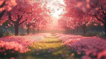Tranquil Park with Blooming Cherry Blossom Trees