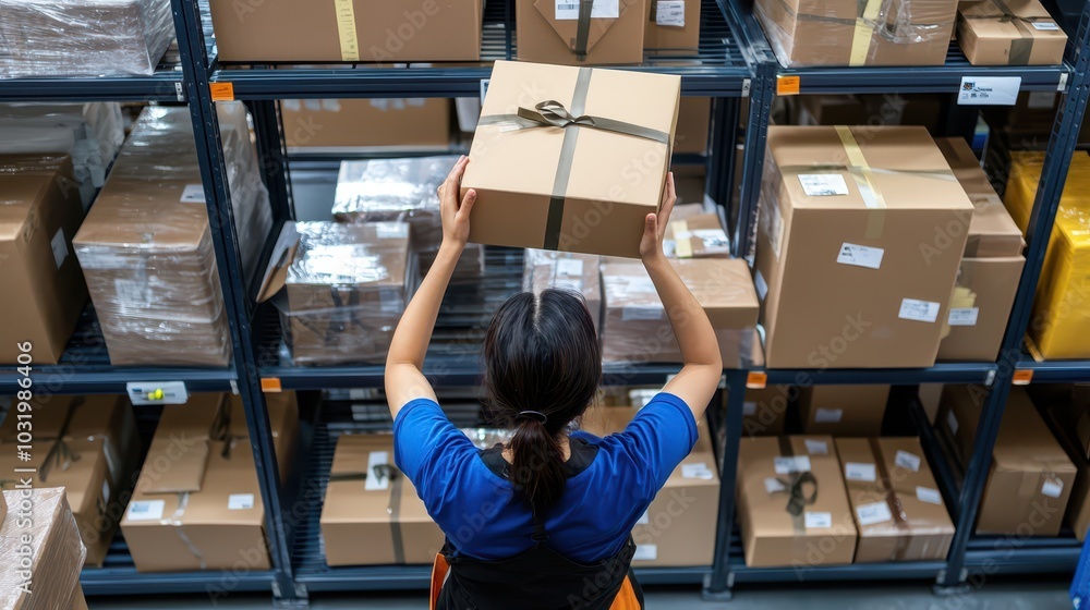 Poster efficient sorting process worker organizing packages on shelves in a busy warehouse environment