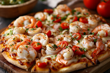 A pizza with shrimp and tomatoes on it