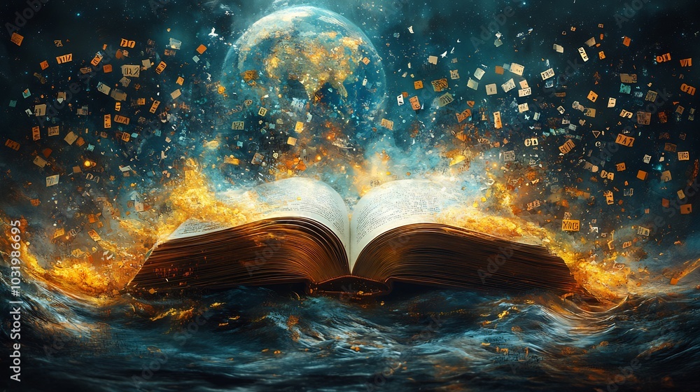 Poster dynamic depiction of world book day with an open book at the center surrounded by floating letters a